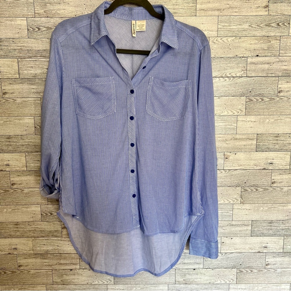 Passport Large Striped Long Sleeve Womens Tab Button-Up High/Low Airy Cozy Shirt